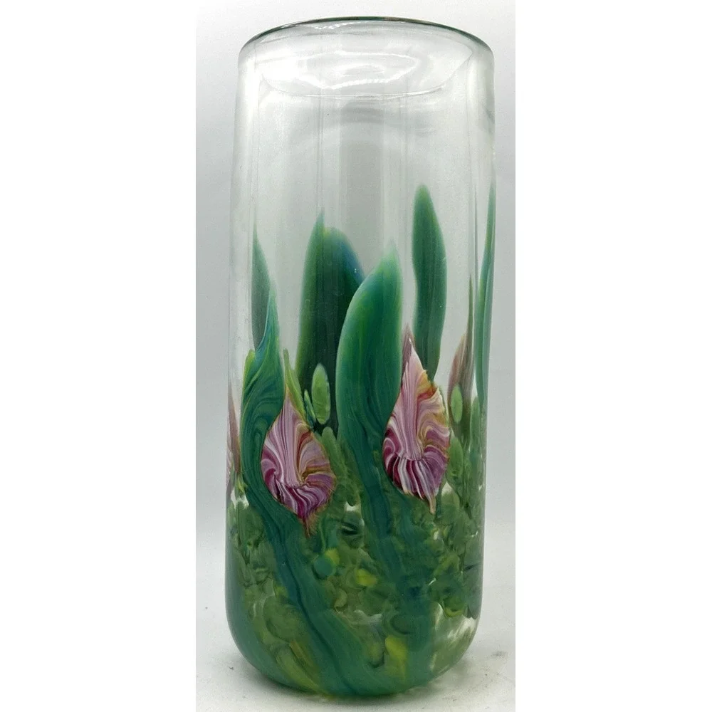 Vtg Signed Fulk & Fulk Vase Blown Clear Glass W/ Incorporated Pink‎ Flowers Vase